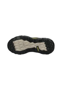 Suela de zapato con un diseño robusto en goma negra y gris claro. Patrón texturizado con protuberancias para agarre y estabilidad.