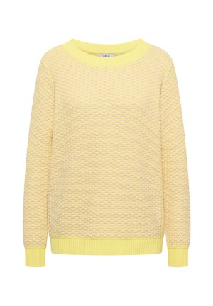 Pull en maille texturée jaune avec manches longues et poignets, encolure et ourlet côtelés, présenté sur un fond blanc.