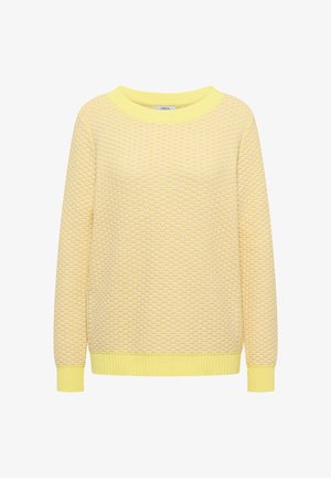 Żółty sweter o fakturowanym splocie z długimi rękawami oraz ściągaczami na mankietach, dekolcie i dole, pokazany na białym tle.