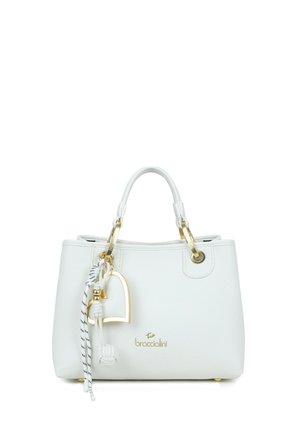 Borsa in pelle bianca con doppi manici, ferrature dorate, un ciondolo a forma di cuore e il logo "Braccialini" sul davanti.