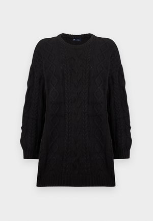 Black knitted sweater featuring a cable knit pattern, rounded neckline, and long sleeves with ribbed cuffs. Suitable for layered styling.