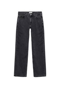 Svarta denim jeans med rak passform och texturerad yta, som har knäppning med knapp, femfickorsdesign och subtila bleknade mönster.