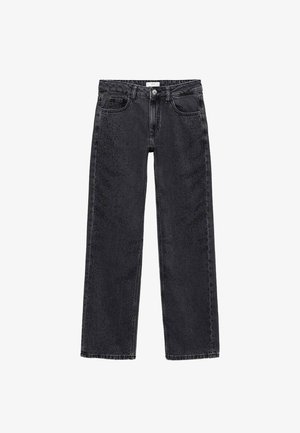 Čierne denimové džínsy so širokými nohavicami a textúrovaným povrchom, s gombíkovým zapínaním, dizajnom s piatimi vreckami a subtilnými vyblednutými vzormi.