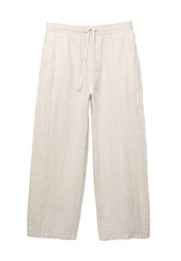 Valkoinen pellavasta valmistettu leveälahkeinen housut, joissa on joustava vyötärö ja nauhakuja. Varustettu kahdella sivutaskulla ja teksturoidulla pinnalla.