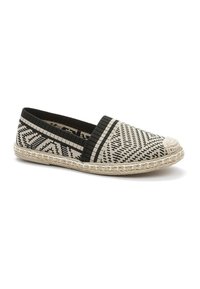 Schwarze und beige gewebte Espadrille mit geometrischen Mustern, elastischem Band am Öffnung und einer natürlichen Jutesohle für Flexibilität und Komfort.