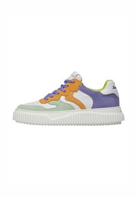 White sneaker with green, orange, and purple accents. Features suede and leather materials, round toe, and a textured white sole.