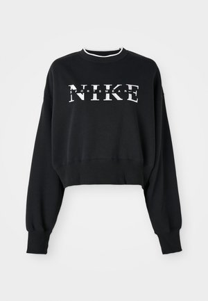 Sweatshirt noir coupé en coton, présentant une impression blanche "NIKE" et "SPORTSWEAR", avec des poignets et un col côtelés.