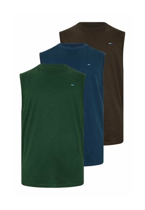 Three sleeveless crew neck shirts in green, blue, and dark brown, displayed overlapping in a vertical row on a white background.