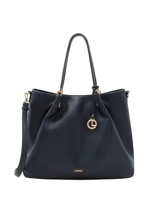 Schwarze Lederhandtasche mit doppelten Schulterriemen, abnehmbarem langen Riemen, goldfarbenem Logoanhänger und dem auf der Vorderseite geprägten Markennamen LOREDDI.