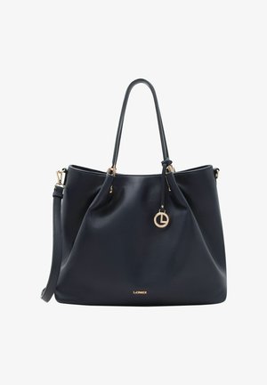 Sac à main en cuir noir avec doubles sangles d'épaule, bandoulière longue détachable, breloque logo en métal doré, et nom de la marque LOREDDI embossé sur le devant.