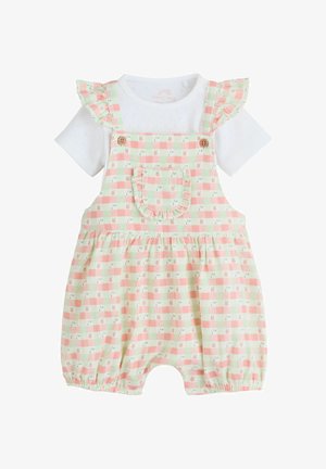 Kūdikio kombinezonas su baltu trumpomis rankovėmis marškinėliu, rožinės ir žalios languotos raštas, mažais gėlių ornamentais, raukšlėtomis petnešėlėmis ir priekyje kišenės detalė.