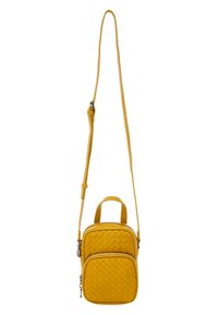 Borsa a tracolla gialla intrecciata con tracolla regolabile, manico superiore e due scomparti con cerniera. Texture liscia, design compatto, hardware moderno.