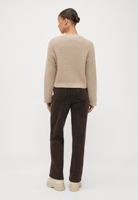 Beige gebreide trui met een relaxte pasvorm, geribbelde manchetten en een ronde hals, gecombineerd met donkerbruine rechttoe-rechtaan broek en chunky beige sneakers.