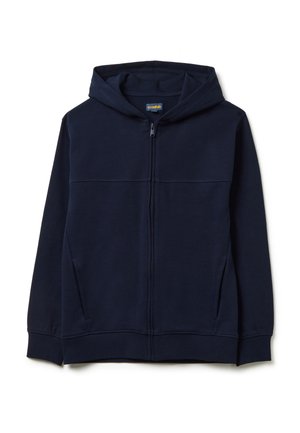 Dunkelblaues Zip-Hoodie aus weichem Baumwoll-Mix. Verfügt über eine Kapuze, Kängurutaschen und gerippte Bündchen und Saum für einen engen Sitz.