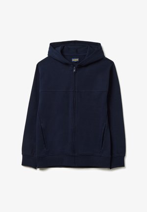 Sudadera con cremallera en color azul marino, hecha de una suave mezcla de algodón. Cuenta con capucha, bolsillos tipo canguro y puños y dobladillo de canalé para un ajuste ceñido.