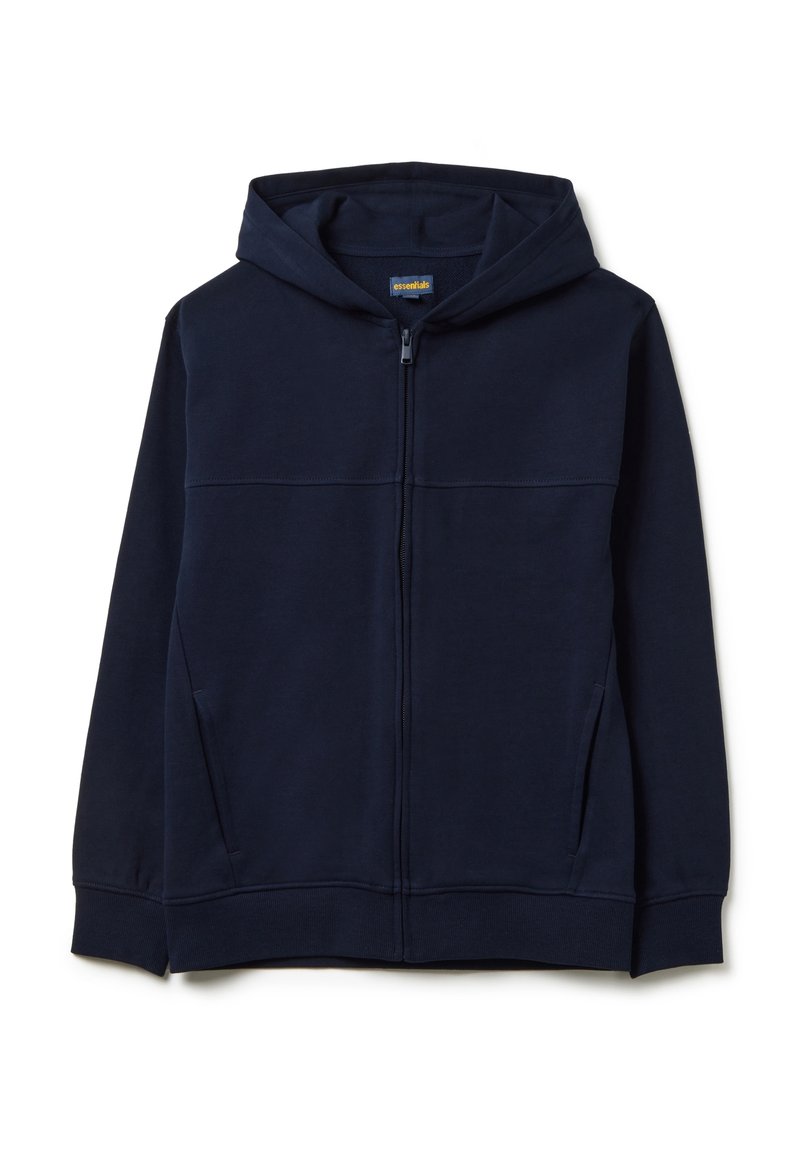 Felpa con zip di colore blu navy realizzata in morbido tessuto misto cotone. Presenta un cappuccio, tasche a marsupio e polsini e orlo a coste per una vestibilità aderente.
