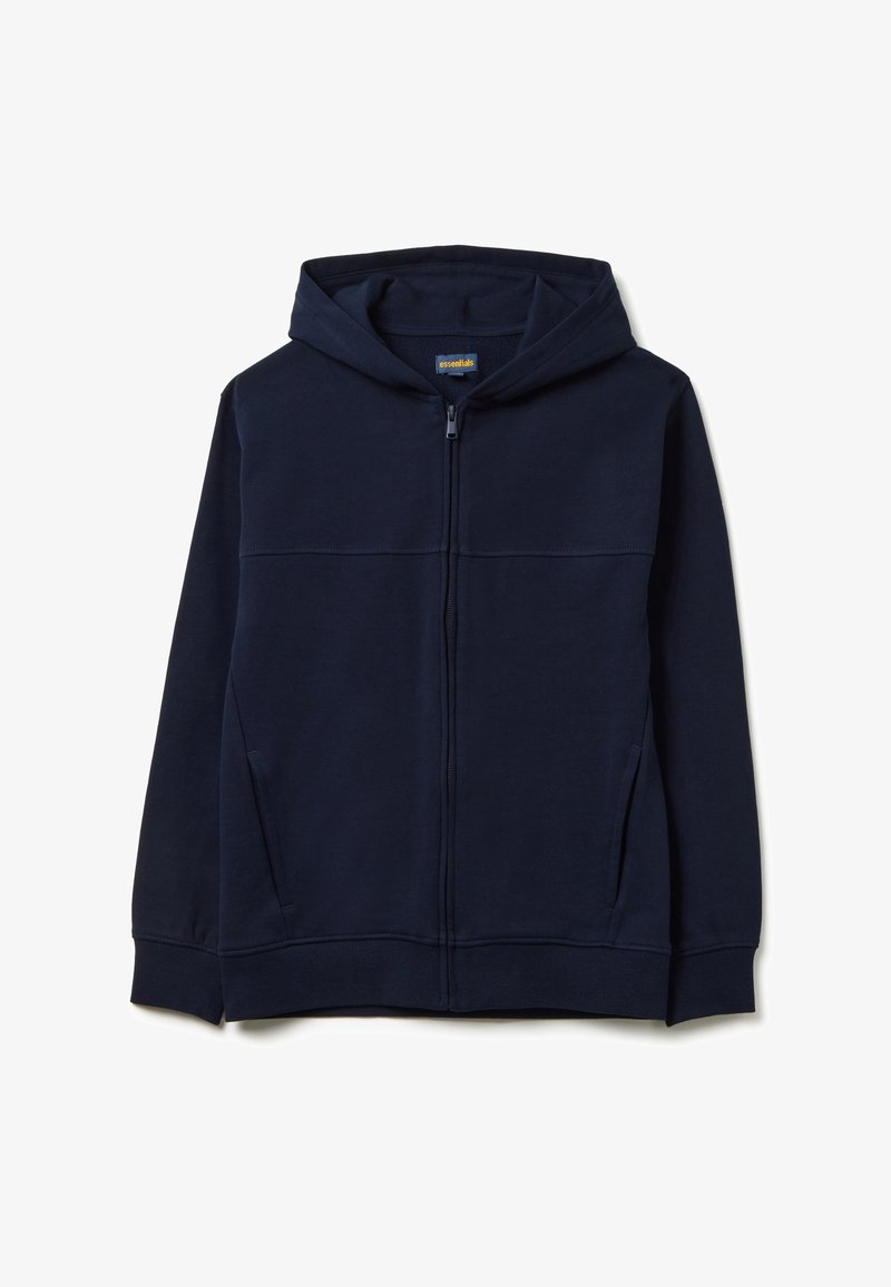 Sudadera con cremallera en color azul marino, hecha de una suave mezcla de algodón. Cuenta con capucha, bolsillos tipo canguro y puños y dobladillo de canalé para un ajuste ceñido.