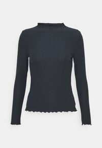 Maglia a maniche lunghe a coste in blu scuro, con colletto a mezza zip e orlo scallop. Tessuto testurizzato e siluetta aderente.