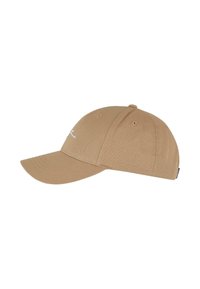 Cappello da baseball color sabbia realizzato in tessuto, con visiera curva, design a sei pannelli e logo bianco sottile ricamato sulla parte anteriore.