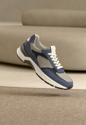 Tumesinised ja hallid tossud, mis on valmistatud seemisnahast ja võrgust, millel on valge tallaga ning paelad, ning peenelt õmmeldud detailid.