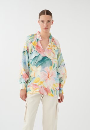 Fleurige Bluse mit gerafftem Ausschnitt und Ballonärmeln. Verfügt über verschiedene Pastellfarben auf einem hellen Hintergrund und ist aus leichtem Stoff gefertigt.
