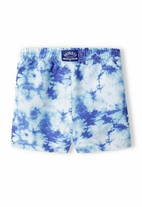 Modré tie-dye plavky s bielym podkladom, s elastickým pásom a značkovou nálepkou na zadnej strane. Hladká, ľahká tkanina.