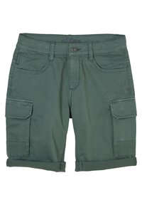 Pantalones cortos cargo verdes de algodón con dos bolsillos laterales, dobladillos enrollados y costuras de contraste. Cierre de botón en la cintura y detalle de la marca en la cinturilla.