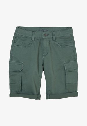 Zelené bavlněné cargo šortky s dvěma bočními kapsami, ohrnutými lemy a kontrastním prošitím. Zapínání na knoflík v pase a značka na pásku.