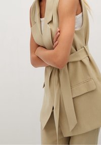 Beige ärmellose Weste mit Reverskragen, Seitentaschen und einem gebundenen Taillengürtel. Glattes Material mit taillierter Passform und minimalistischem Design.