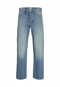 Light blue denim jeans with a straight leg design, featuring a faded finish, classic five-pocket styling, and a button closure at the waist.