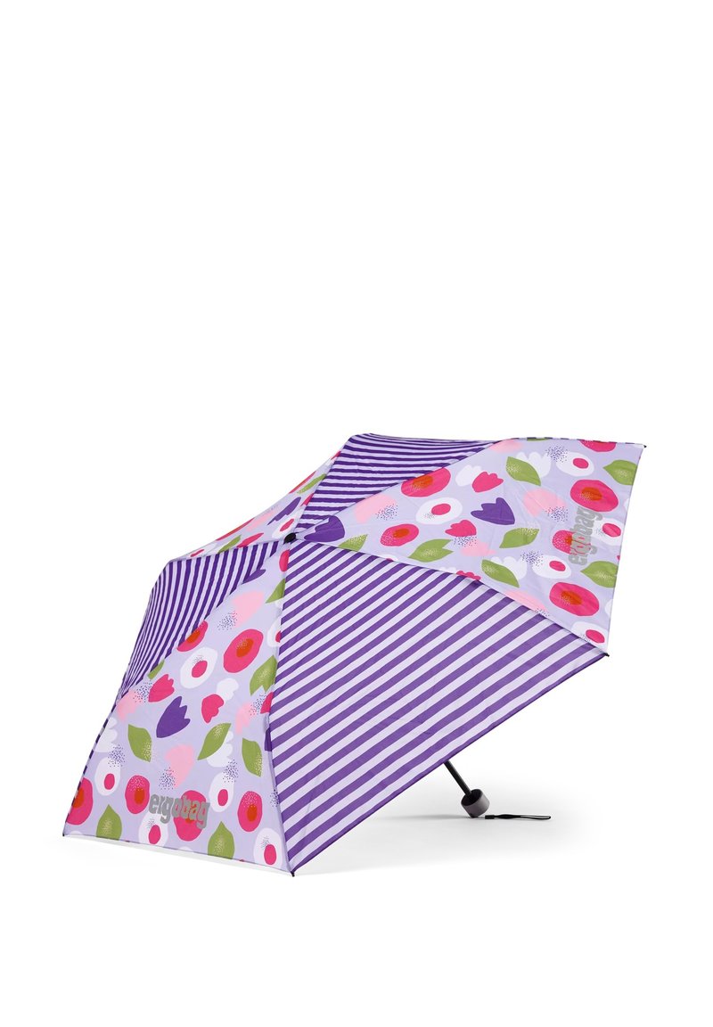 Purple and white umbrella with floral patterns and stripes. Features a curved handle and compact folding design for portability.
