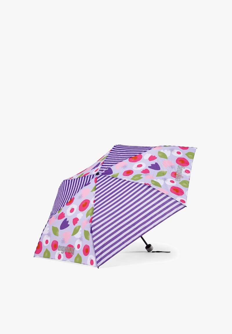 Purple and white umbrella with floral patterns and stripes. Features a curved handle and compact folding design for portability.