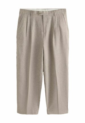 Beige plissierte Hose mit hohem Bund, Frontknopf- und Reißverschluss, Seitentaschen und geraden, weiten Beinen.