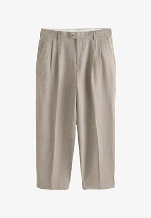 Beige plisserede bukser med høj talje, frontknap og lynlås, sidelommer og lige vide ben.