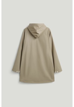 Beige hættejakke med lange ærmer og trykknapmanchetter vist bagfra mod en ensfarvet baggrund.