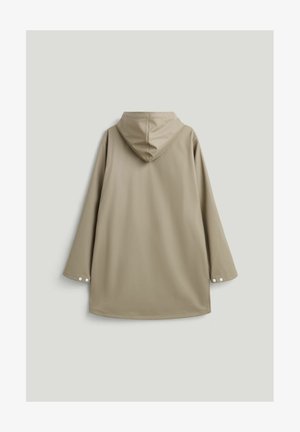 Beige hættejakke med lange ærmer og trykknapmanchetter vist bagfra mod en ensfarvet baggrund.