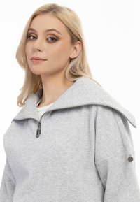 Grijze sweatshirt met een grote, opgevouwen kraag en een ritssluiting aan de voorkant. Beschikt over een gladde textuur en een klein embleem op de linkermouw.