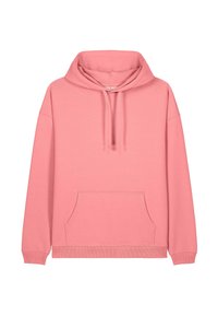 Ružičasti hoodie od mekog materijala, s velikim prednjim džepom, rebrastim manžetama i kapuljačom s vezicama. Jednostavan dizajn s opuštenim krojem.