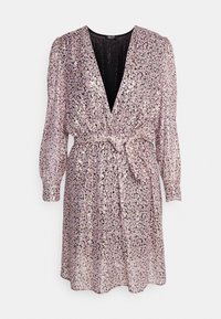 Shiny, short dress in pink with a floral pattern, v-neckline, long puff sleeves, and a tie waist detail, made from a lightweight fabric.