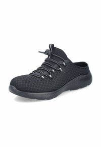 Scarpa sportiva nera con tomaia in rete texturizzata, lacci elastici e suola in gomma curvata progettata per comfort e flessibilità.