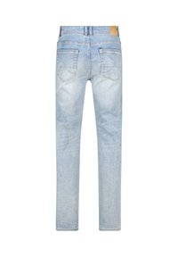 Jeans de mezclilla azul claro con corte recto, con una cintura de altura media, dos bolsillos traseros y un parche de cuero en la cinturilla.