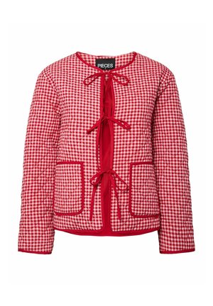 Sarkana un balta kvadrātainā raksta aizšūta jaka ar apaļu kakla izgriezumu, trim priekšējiem mezglā savienojumiem un divām priekšējām kabatām.