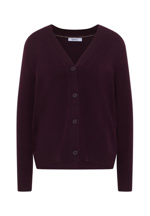 Burgundy cardigan med V-udskæring, med fem knapper, ribstrikkede manchetter og sidelommer. Lavet af et blødt, struktureret strikmateriale.