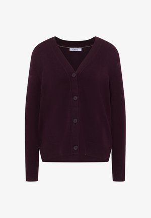 Burgundy cardigan with a V-neck, featuring five buttons, ribbed cuffs, and side pockets. Made from a soft, textured knit material.