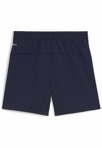 Navyblå sportshorts i lättviktsmaterial med elastisk midja, med en slät yta och en minimalistisk design.