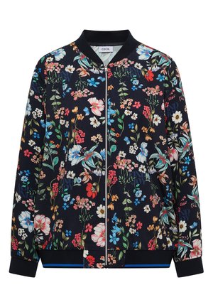 Sort lynlåstrøje med flerfarvet blomsterprint, ribbet krave, manchetter og kant, med mærke inde i kraven.