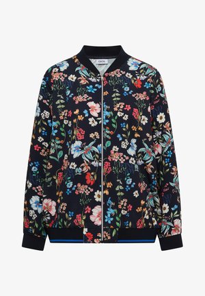 Sort lynlåstrøje med flerfarvet blomsterprint, ribbet krave, manchetter og kant, med mærke inde i kraven.