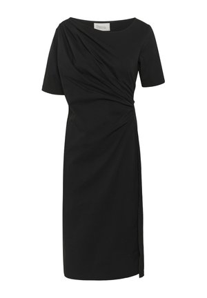 Black dress with short sleeves, draped front detail, straight cut, and side slits. Made from smooth fabric with a classic neckline.