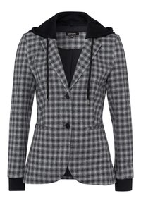 Blazer à carreaux gris et noir au design ajusté, à deux boutons et avec une capuche noire détachable. Il comprend des poches latérales et des accents de poignets côtelés.