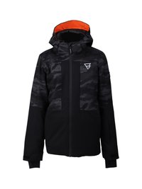 Schwarz und dunkelgraue Camouflage-Winterjacke mit Kapuze, zentralem Reißverschluss, orangefarbenem Innenfutter und weißem Logo auf der Brust.